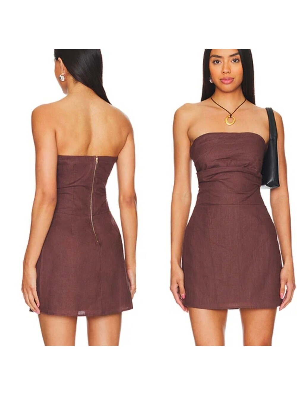 SNDYS Romi Linen Dress XS Chocolate Brown Strapless Ruched REVOLVE Dark Academia